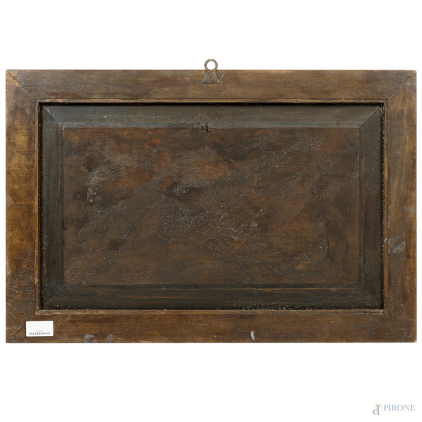 Capriccio con figure, olio su tavola, firmato, cm 44x73, entro cornice