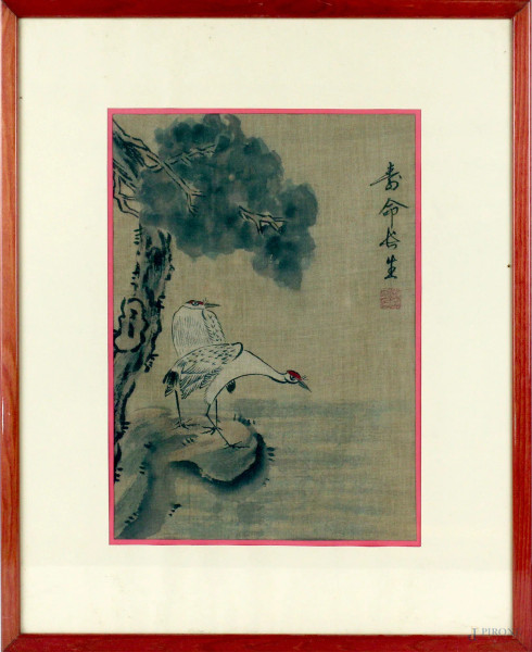 Paesaggio con aironi, tecnica mista su tela, cm. 32x23, arte orientale, inizi XX secolo.