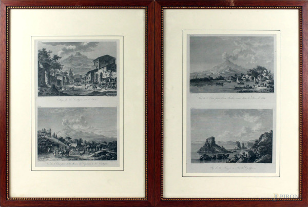 Lotto di due stampe con vedute sull'Etna e Aci Trezza, cm 39x25, entro cornici.