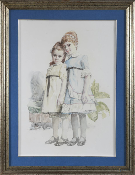 Le sorelle, XX secolo, tecnica mista su carta, cm 78x58 compreso passepartout, entro cornice