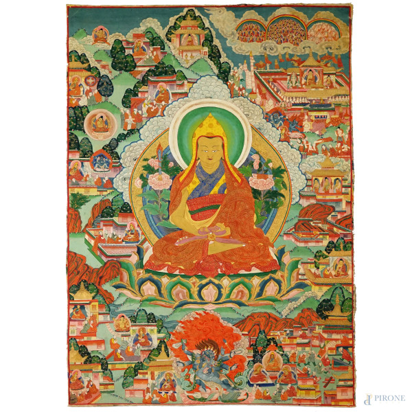 Antico thangka tibetano, dipinto su tela, cm 93x62,5, (lievi difetti).