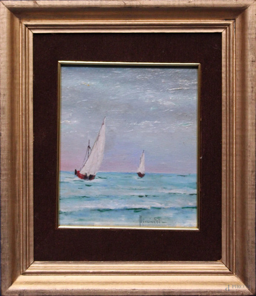 Marina con barche, olio su tavola firmato, cm 16 x 14, entro cornice.
