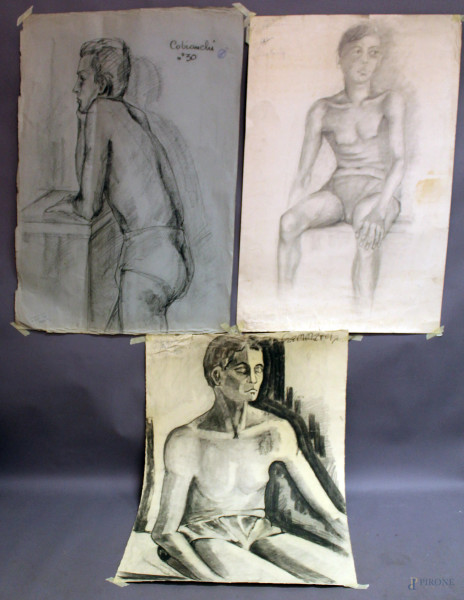 Lotto composto da tre disegni su carta a soggetti di nudi d'uomo, cm 93x75.