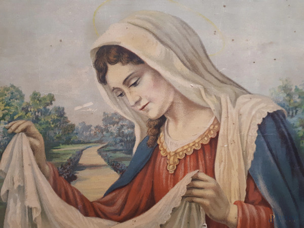 Sacra Famiglia, antica cromolitografia su carta, cm 37x79