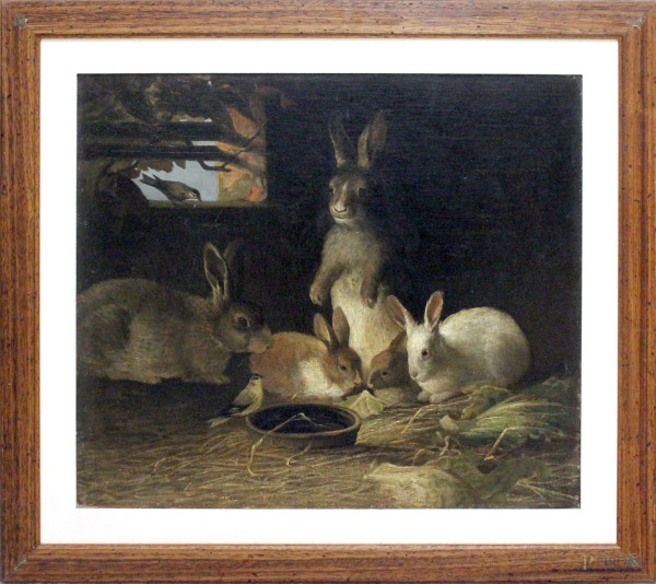 Paesaggio con conigli, olio su legno, cm. 54x61, entro cornice.