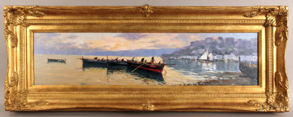 Marina con imbarcazioni, olio su cartone, cm. 20x80, firmato, entro cornice.