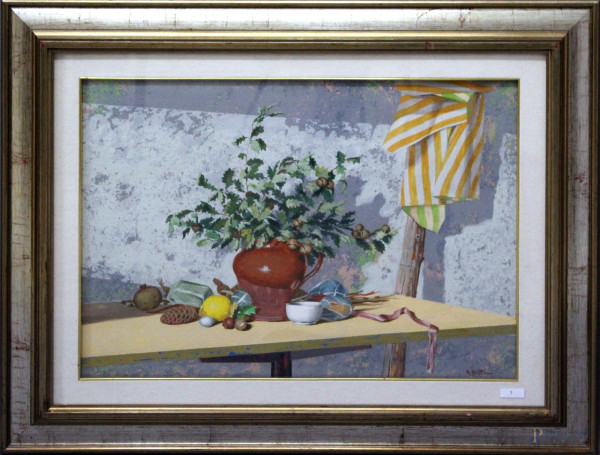 Renato Bittoni - Natura morta, Fiori, frutti e vasellami, olio su tela, cm 50 x 70, entro cornice.