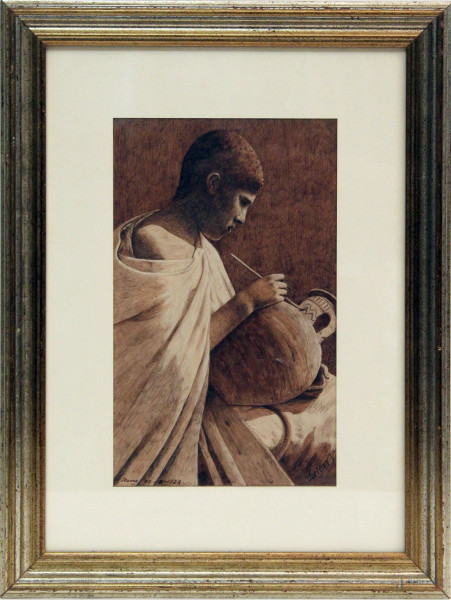 Il pittore dei vasi, disegno a tecnica mista su carta, cm. 25x15,5, firmato e datato Roma 1928, entro cornice.