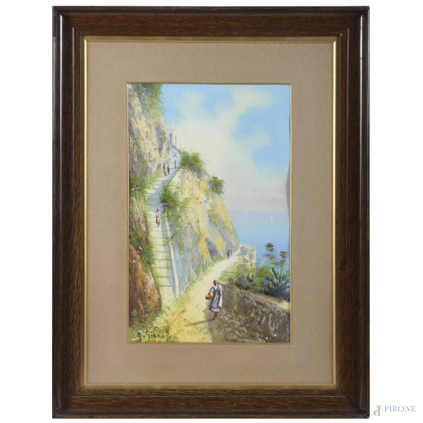 Capri, XX secolo, tecnica mista su carta, cm 48x30, firmato in basso a sinistra, entro cornice, (lievi ondulazioni della carta)