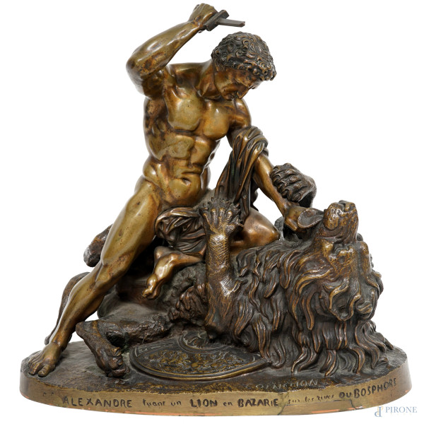 Alessandro e il leone, scultura in bronzo, firmata Coinchon, cm h 31