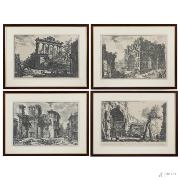 Lotto di quattro incisioni con vedute di Roma da G.B.Piranesi, XX secolo, misure massime cm 51,5x69,5 compreso passepartout, entro cornice (segni di usura, tracce di umidità, lievi ossidazioni, segni di piegatura)