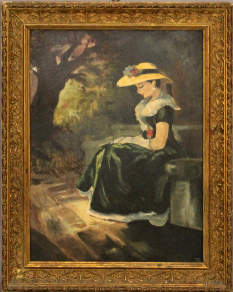 Fanciulla seduta con cappello, olio su cartone telato, cm. 40x30, entro cornice.