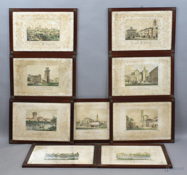 Lotto di nove stampe a colori con vedute di monumenti e bellezze della città di Mantova, cm 33x48, entro cornici, (macchie).