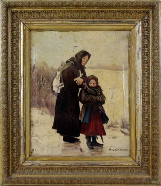 Paesaggio invernale con madre e figlia, olio su tela applicata su tavola, cm 34x27, scuola russa, XX secolo, entro cornice