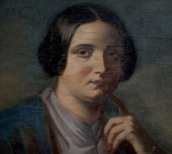 Pittore del XIX secolo, Ritratto di nobildonna, olio su tela, cm 110x84, entro cornice, (difetti)