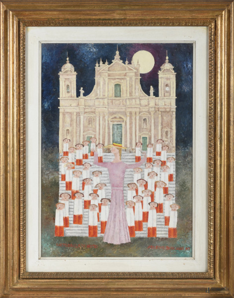 Adorno Bonciani (1920-), Coro della Cattedrale di Noto,  tecnica mista su cartone, cm 69,5x50, titolato in basso a sinistra, firmato e datato "90" in basso a destra e al retro per autentica, entro cornice