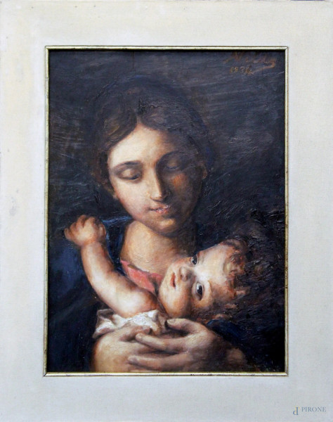 Maternit&#224;, olio su tavola firmato e datato 1934, cm 40,5 x 30.