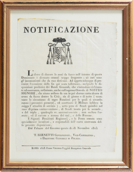 Notificazione, 18 novembre 1823, cm 34x25,5, entro cornice (segni di usura, lacerazioni ai margini, tracce di umidità)