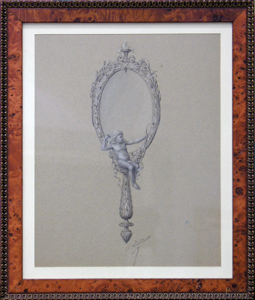 Artista francese dell’800 Studio per specchio da toletta, inchiostro e tempera su cartoncino, cm 30x39, firmato in basso al centro, con cornice, provenienza collezione romana