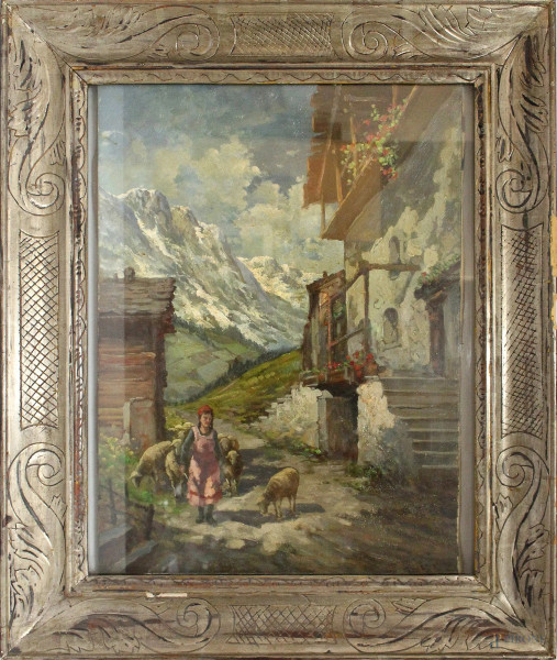 Paesaggio montano con pastorella e gregge, dipinto ad olio su tela, cm 70 x 50.