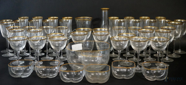 Servizio di bicchieri in vetro di Murano con set da macedonia Carlo Moretti,  in vetro soffiato trasparente con profili dorati