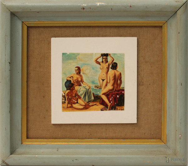 Nudi, olio su mattonella, cm 15x15, firmato Lucio Riva.