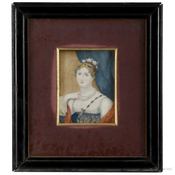 Ritratto di nobildonna, XX secolo, tecnica mista su carta, cm 12x9 entro cornice