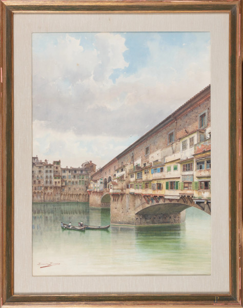 Ernesto Bensa (1874-1885), Ponte Vecchio, XX secolo, acquerello su carta, cm 76x56, entro cornice