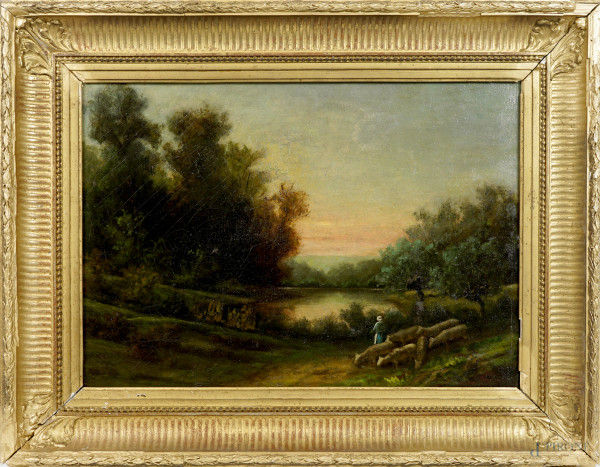 Paesaggio al tramonto, olio su tela, XIX-XX secolo, cm 43,3x61,3, entro cornice