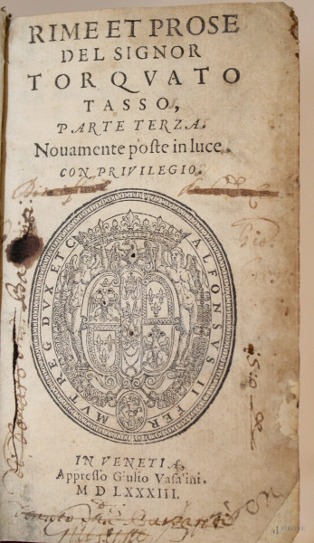 Lotto composto da tre volumi di opere di Torquato Tasso, 1633.