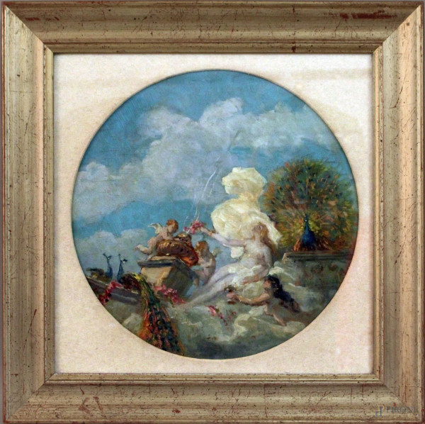 Ettore  Tito - Venere con putti, olio su tavola, cm. 52,5x53, entro cornice.