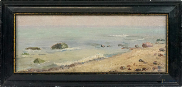 Scorcio di spiaggia, olio su tela riportata su cartone, cm 15x37, firmato, entro cornice