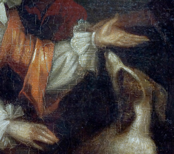 Scuola olandese del XIX secolo, La buona ventura, olio su tavola, cm 40,5x29,5, entro cornice
