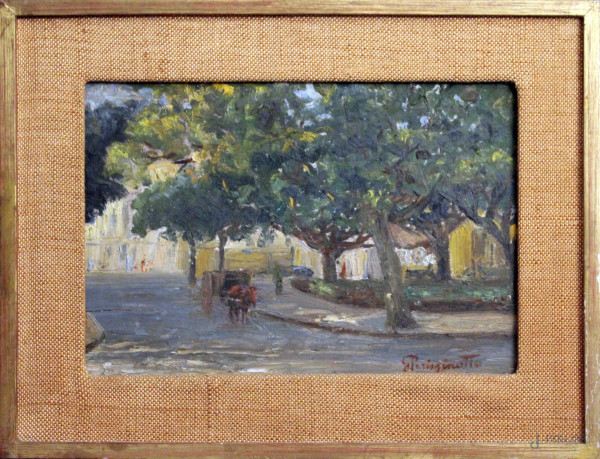 Giuseppe Perissinotto (XIX-XX sec.), Piazza con carretto, olio su cartone, cm 17 x 25, entro cornice.