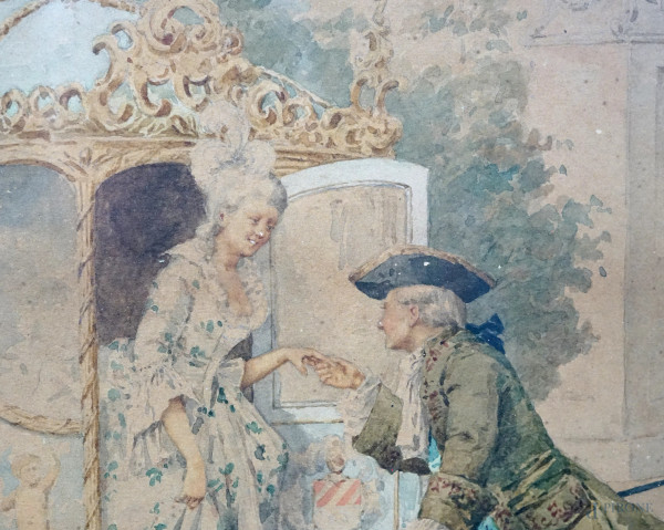 Scendendo dalla carrozza, XIX secolo, acquerello su carta, cm 32x21,5, entro cornice, (lieve foxi...