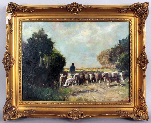 Paesaggio con contadino e gregge, olio su masonite, cm. 31x40, firmato, entro cornice.