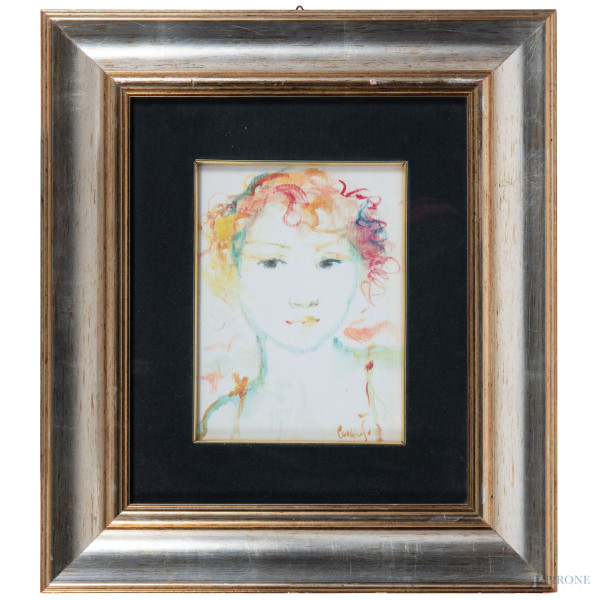 Testa di fanciulla, XX secolo, tecnica mista su tela, cm 24x18, firmato in basso a destra, entro cornice