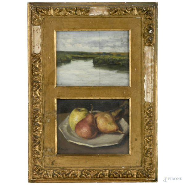 Due dipinti ad olio su tavoletta raffiguranti scorcio fluviale e natura morta, XX secolo, cm 11x14 ciascuno entro unica cornice, firmati in basso, (cadute di colore, difetti)