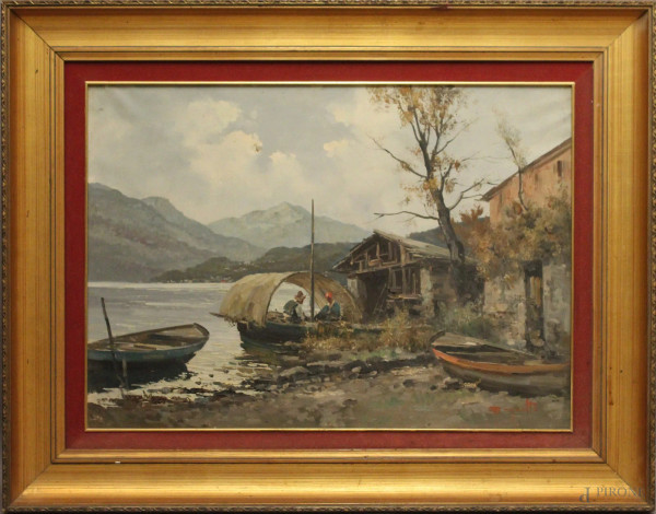 Ercole Magrotti - Paesaggio lacustre con casolare e figure, olio su tela cm 50x70, entro cornice.(difetti alla tela)