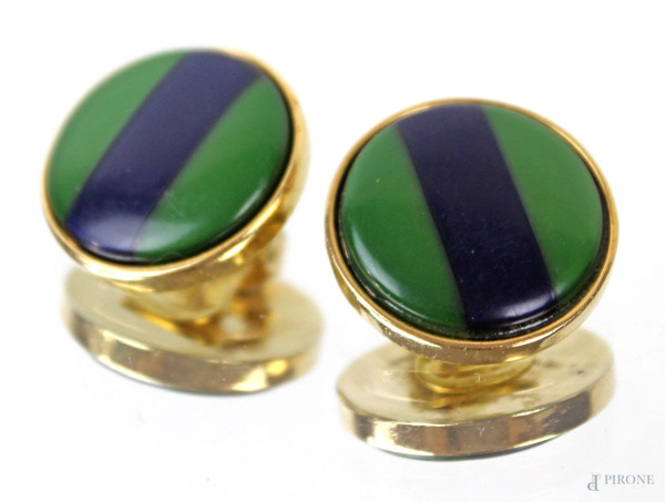 Bijoux Cascio, paio di orecchini a clips in metallo dorato, plastica verde e blu, diam. cm 2,5