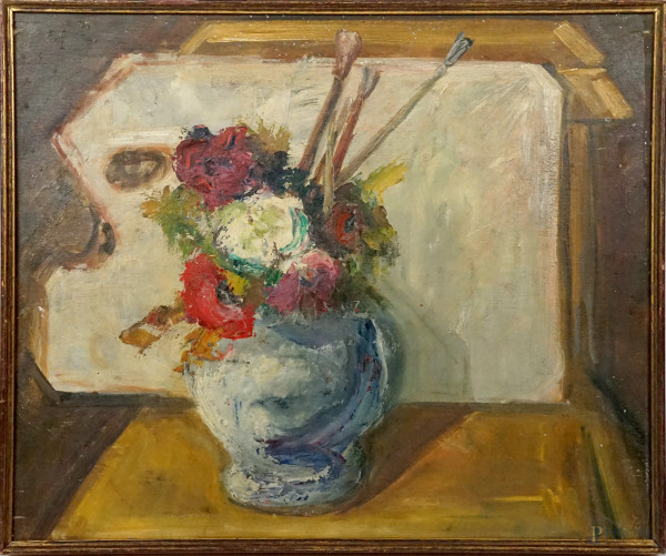 Vaso con fiori, olio su compensato, cm 44,5x54, XX secolo, entro cornice.