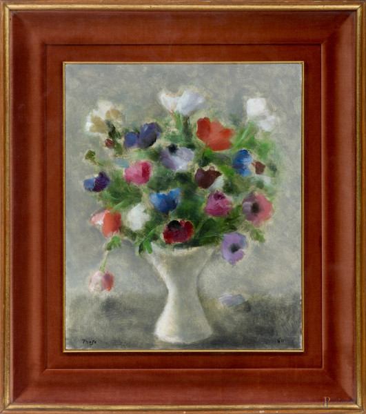 Vaso con fiori, olio su cartone , firmato in basso a sinistra e datato "60" in basso a destra, entro cornice, (difetti)