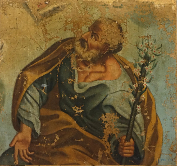 Pittore del XVIII secolo, San Giuseppe, olio su tela, cm 67x73, (cadute di colore sparse)