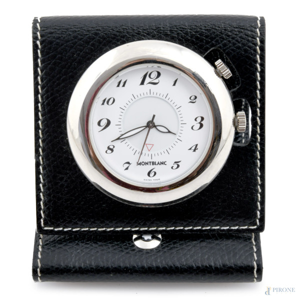 Orologio sveglia da viaggio Montblanc con custodia in pelle nera, cassa cm 4,5, AL2002313, (meccanismo da revisionare)