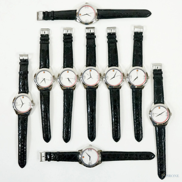 Genoa Cricket and Football Club, nove orologi da polso da uomo, cinturino nero in cuoio, lunghezza cm 24,5, (segni del tempo, meccanismo da revisionare).