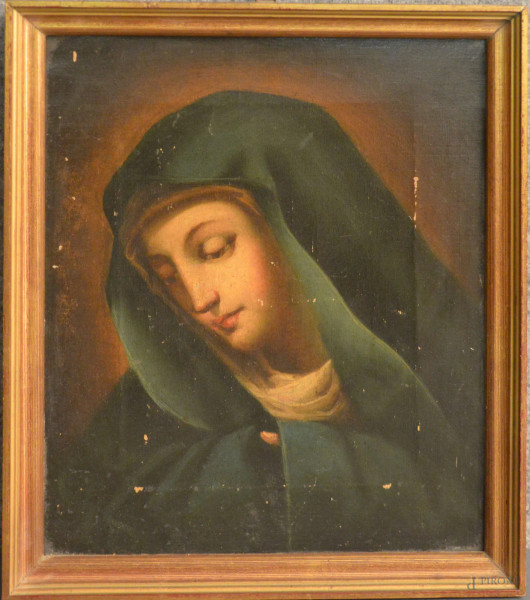 Madonna, olio su tela, 27x22 cm, entro cornice firmato e datato.