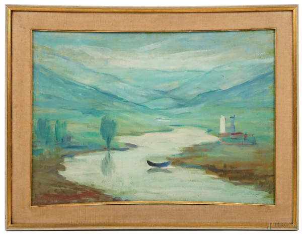 Roberto La Carrubba - Paesaggio fluviale, olio su cartone telato, cm 49x70 circa, entro cornice