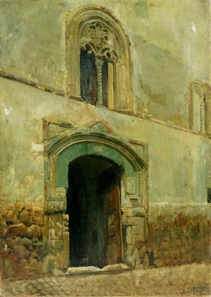 Portale a Verona, olio su tela, cm 60,5x43, firmato F.Giorgi, (difetti)