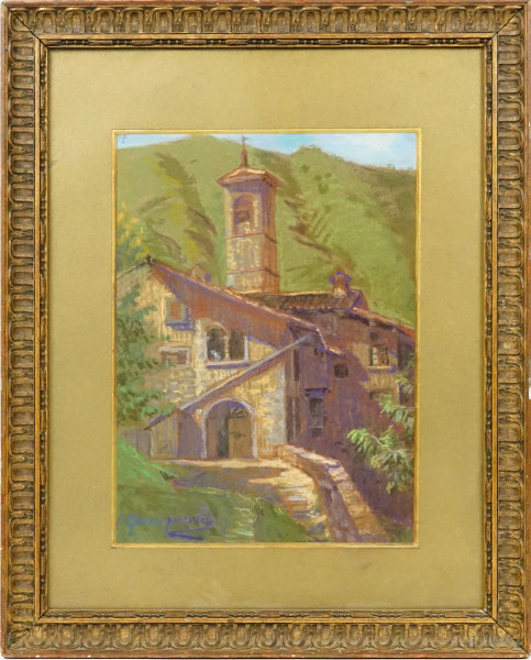 Santuario della Madonna del Perello, pastello su cartone, cm 45,5x35,5,  entro cornice.