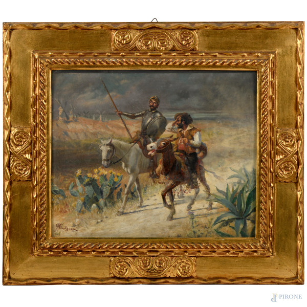Giacomo Mantegazza (1853-1920) Don Chisciotte, olio su tavola, cm 37x46, firmato in basso a sinistra, entro cornice